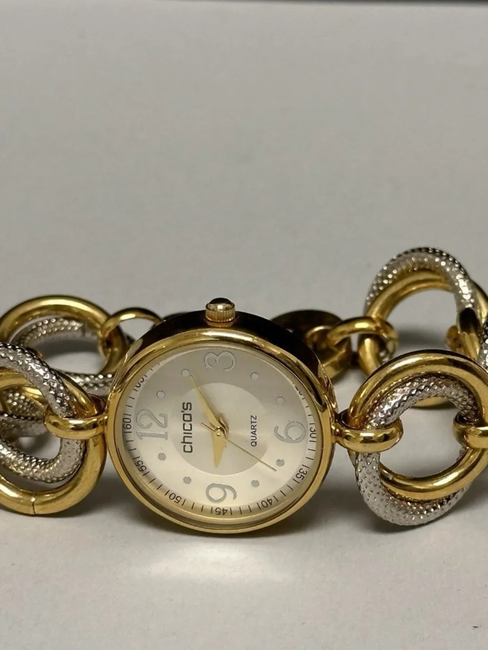 Chico's Watch Women Silver Gold Two Tone Round Link Band New Battery 7